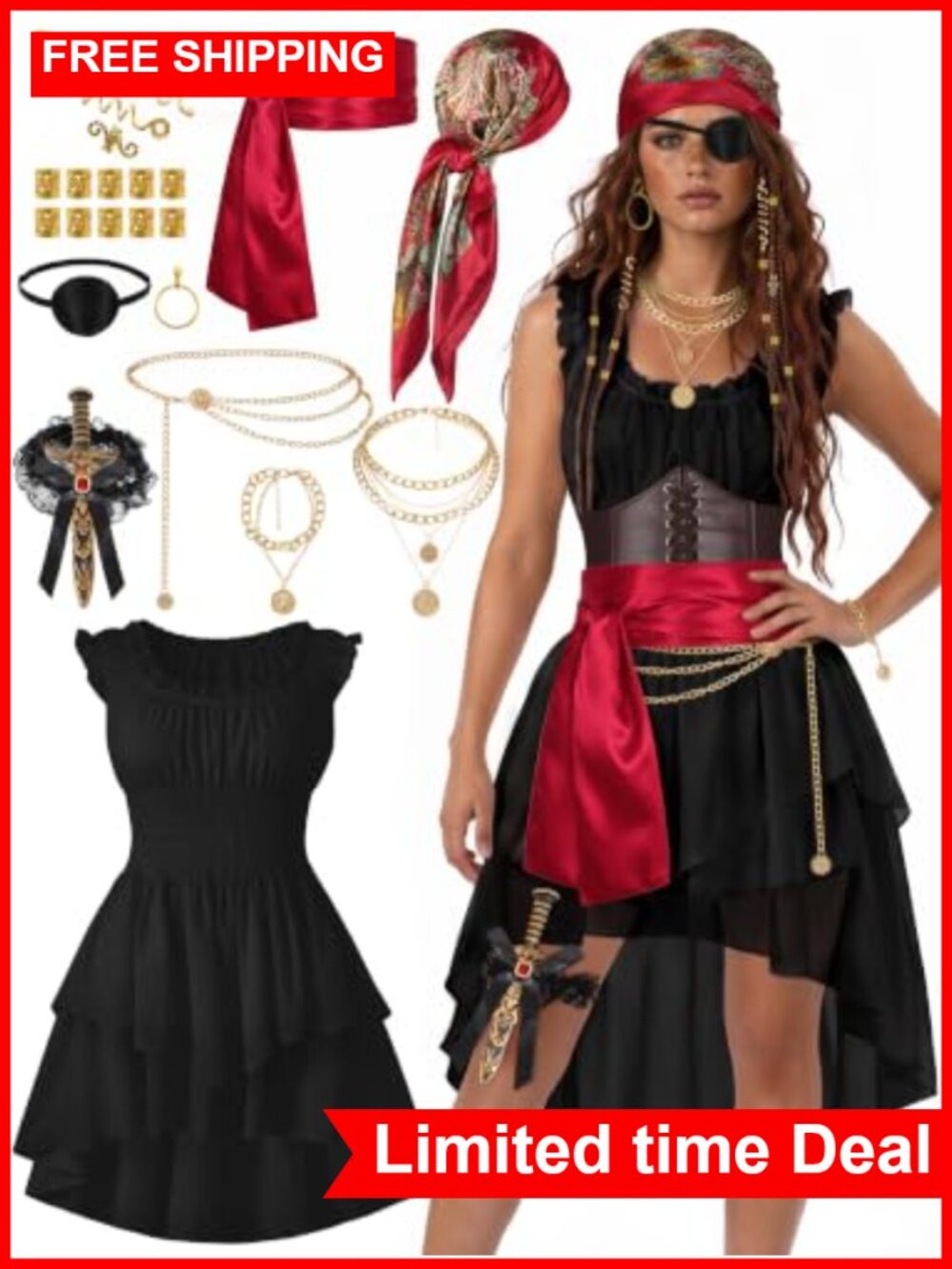 Women's Pirate Costume 10 Piece Renaissance Halloween Cosplay Outfit